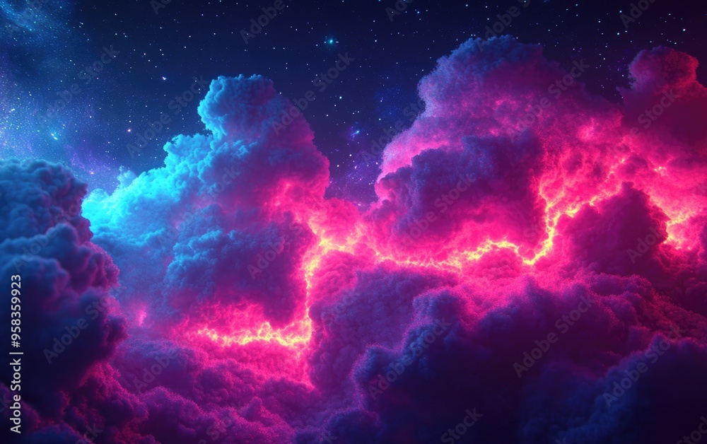 Leinwandbilder Abstract fractal art background featuring a 3D cartoon rendering that evokes heavenly clouds or a nebula with stars in space