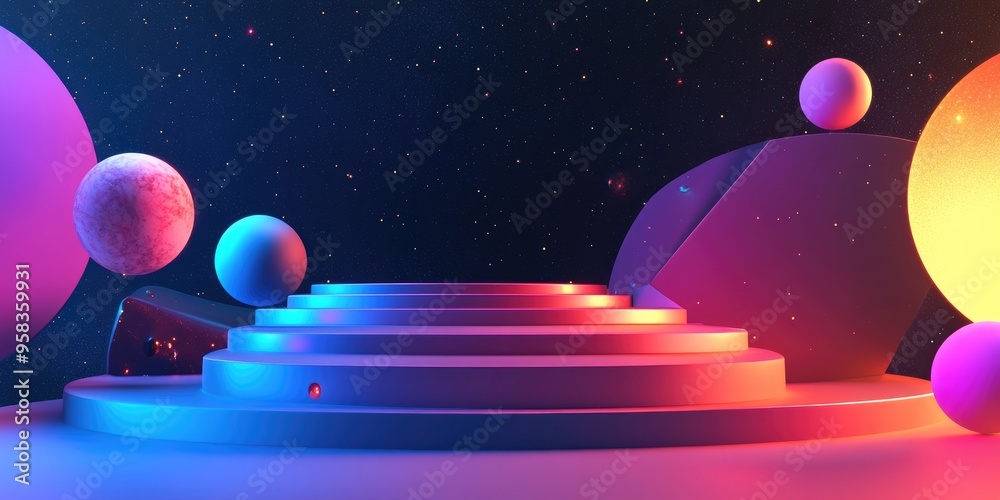 Poster fashionable and beautiful multi stage composition in a 3d cartoon rendering with a space background