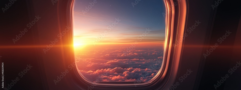 Poster Fascinating sunrise viewed through a spaceship window in a 3D cartoon rendering