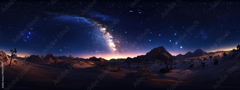 Poster 360 panorama at night featuring stars and the Milky Way rendered in 3D cartoon style This seamless panorama is suitable for use in 3D graphics or game development as a sky dome or for editing dron