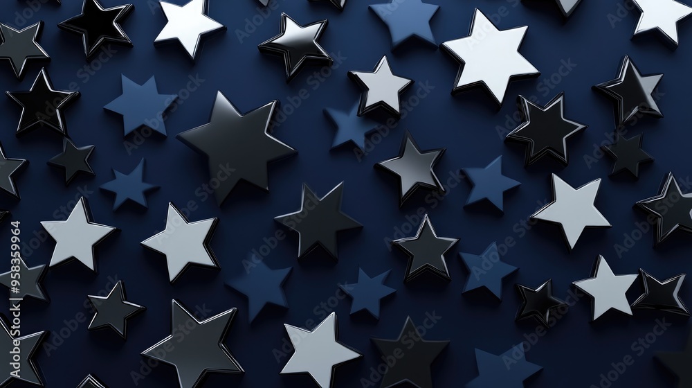 Aufkleber Silver and black stars on a dark blue background in a 3D cartoon rendering Flat lay top view