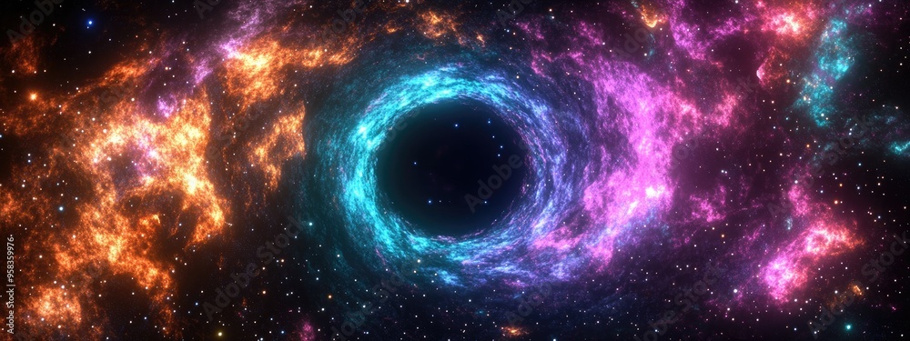 Poster Abstract black hole with nebula in outer space surrounded by colorful stars and cloud fields in a 3D cartoon rendering