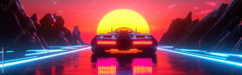 Aufkleber 3d illustration featuring a 3d cartoon rendering of a spacecraft with the rising sun in the backgrou