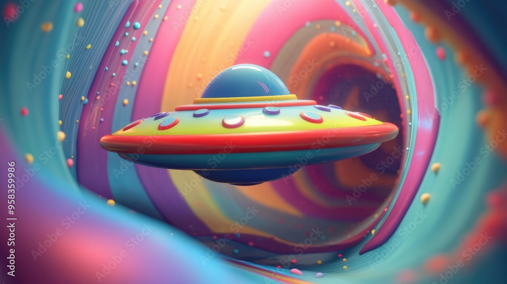 Aufkleber Colorful cartoon scene featuring a funny 3D rendering of an alien UFO spacecraft in a cosmic setting designed as an illustration for children