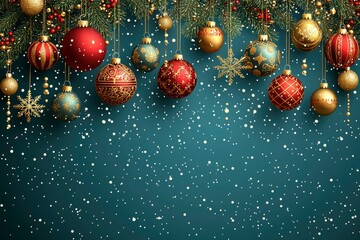 Christmas Ornaments Hanging from a Pine Branch with Snow Falling