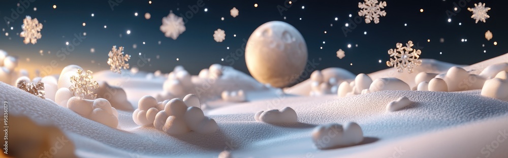Aufkleber cartoon rendering in 3d of snowflakes and the moon