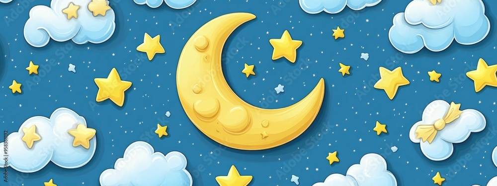 Poster Seamless pattern featuring a 3D cartoon rendering of the moon stars and clouds in a starry night theme This boho style decorative background is ideal for wallpaper digital paper wrapping design fa