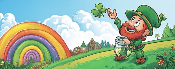 Charming leprechaun with a jar and shamrock in a vibrant landscape under a colorful rainbow, embodying luck and Irish folklore in a delightful and whimsical comic strip style illustration.