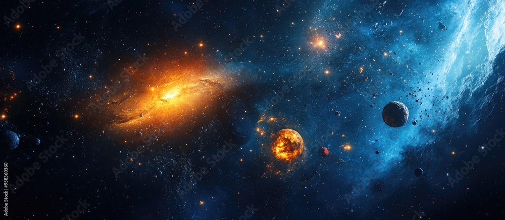 Poster endless universe with stars and galaxies in outer space depicted in 3d cartoon rendering cosmos art