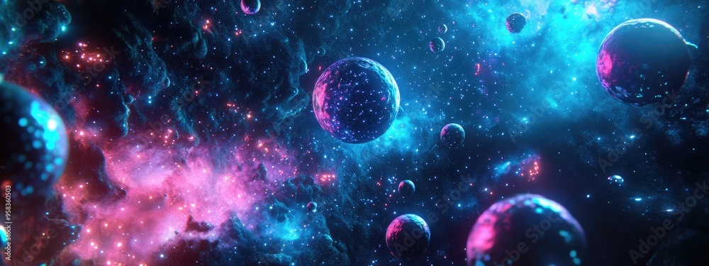 Poster 3D cartoon representation of a mysterious glowing universe featuring an astronomical scientific background with nebulae and stars in deep space