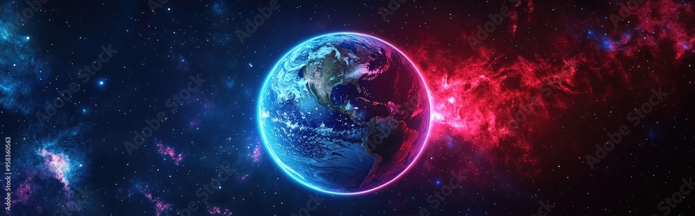 Poster Planet Earth in outer space featuring a panoramic view with stars and galaxy in a 3D cartoon rendering Wide horizontal image