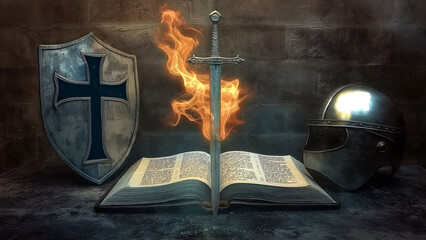 Bible and Flaming Sword of Spirit - Whole Armor of God/ Spiritual Warfare - Bible Illustration HD [16:9]