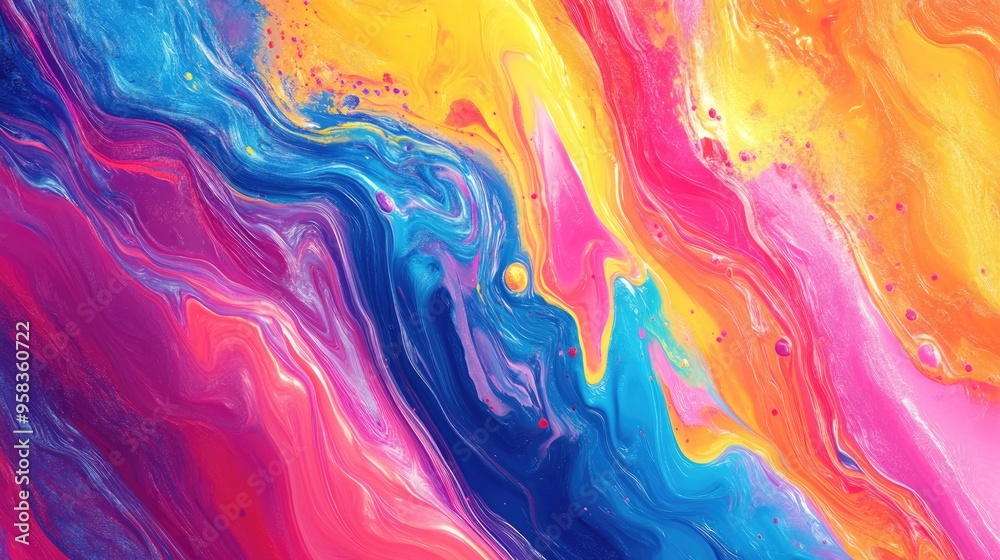 Poster Fluid Art in a colorful abstract background with mixing paints depicted in 3D cartoon rendering Modern art