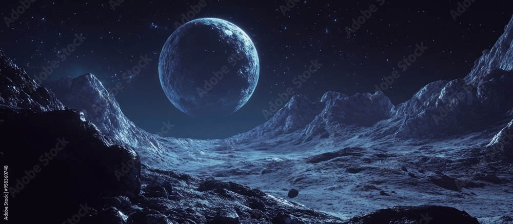 Aufkleber View from an alien planet featuring its own natural satellite in the background Sci fi concept fantasy 3D cartoon rendering 3D illustration