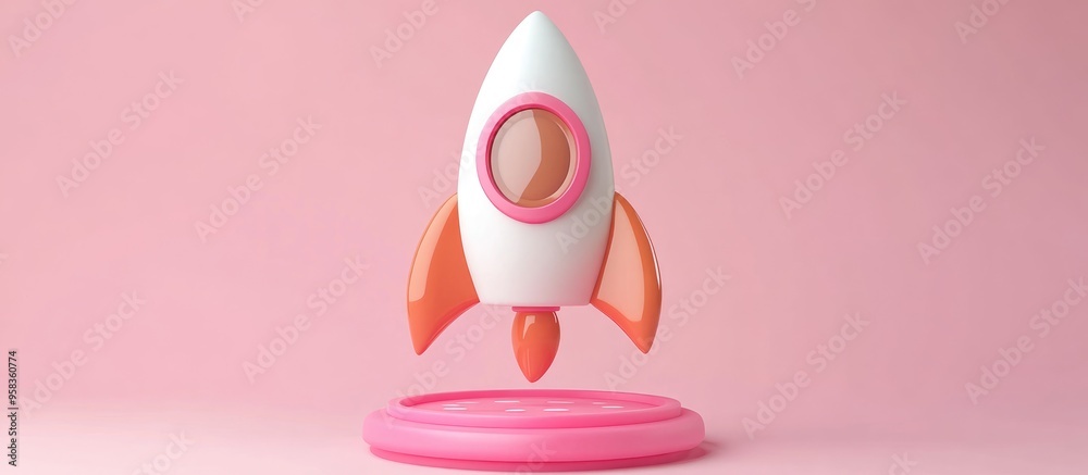 Poster rocket icon inside a pink emblem in a 3d cartoon rendering