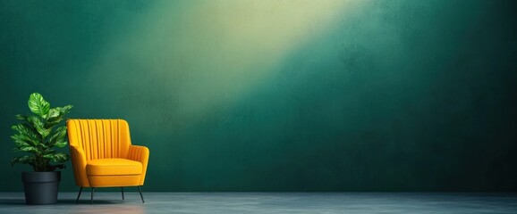 A yellow chair sits in front of a green wall