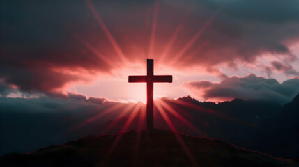 Obraz premium Crucifix The Top Mountain With Sunlight