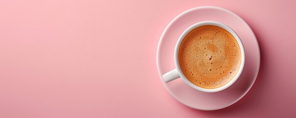 Cup of coffee with crema on pastel pink background with copy space