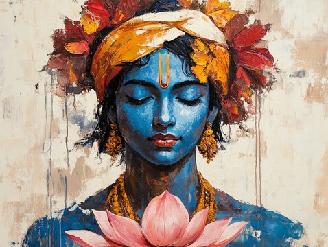 Artistic portrait of Krishna with vibrant lotus flowers, detailed close-up of divine expressions and spiritual symbolism, new beautiful stock image illustration AI