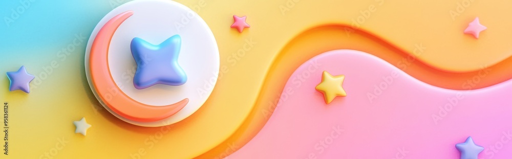 Poster Colorful moon and stars icon in 3D cartoon rendering isolated on a vibrant background with a white circular button