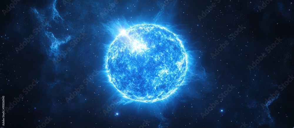 Poster Blue giant star in deep space featuring a hot surface is depicted in a 3D cartoon rendering This alien sun is isolated against a black background