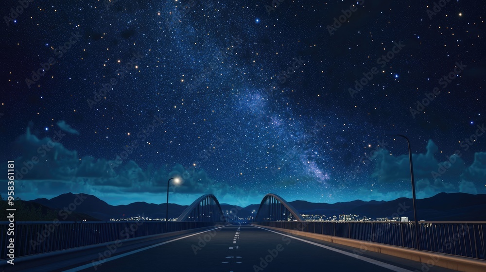 Poster night view of the milky way in a vast universe above a road and bridge depicted in 3d cartoon style