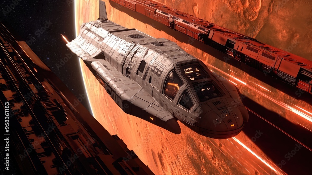 Leinwandbilder 3d cartoon depiction of an approaching spaceship with mars visible through the windows