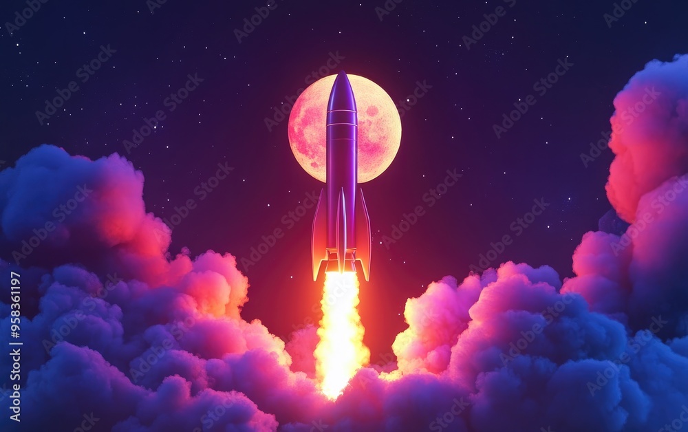 Aufkleber Cartoon rendering in 3D of a new space rocket launching into the sky with smoke and clouds accompanied by a full moon Space mission liftoff concept