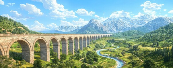 Ancient Roman aqueduct spanning a valley in a wideangle shot with vibrant natural surroundings and dramatic lighting highlighting the structure