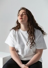 Fototapeta premium Chubby woman wearing white t shirt mockup photography clothing portrait.