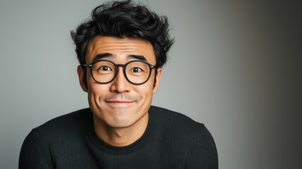 Obraz premium A mid-30s Asian man with glasses and short black hair, wearing a dark green sweater, shows curiosity on a light gray background