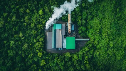 Aerial view of a power plant surrounded by dense greenery, showcasing a contrast between industry and nature.