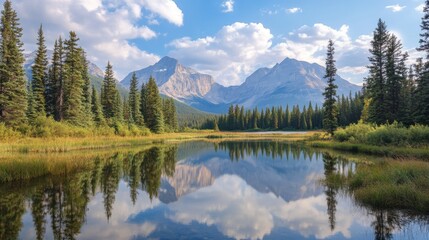 A picturesque mountain lake surrounded by pine trees, with a reflection of the mountains in the still water.