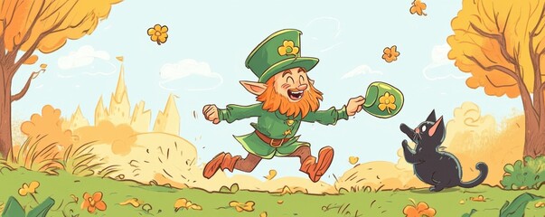 Comic-style illustration of a joyful leprechaun with a green hat playing with a cat in a whimsical autumn landscape filled with clovers and vibrant trees.