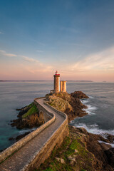 Petit Minou lighthouse and its headland, aerial view at sunset