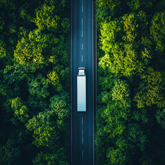 top view of indian transport truck driving on highway road in green forest. Sustainable transport. Drone view of hydrogen energy truck asphalt road through green forest
