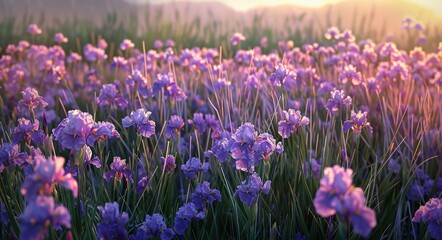 Irises in Tranquil Lavender Field - Peaceful Nature and Agriculture © Maryna