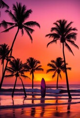 Obraz premium vibrant surfboards arranged neatly colorful beach sunset striking hues purple reflecting water, orange, pink, sky, reflection, light, clouds, sea, coast
