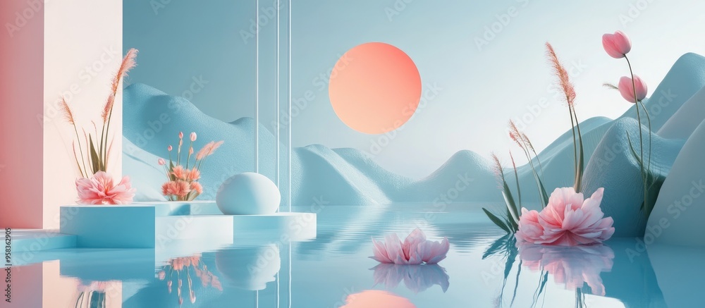 Poster Abstract landscape scene for spring and summer featuring geometric shapes a lake and floral elements in 3D rendering