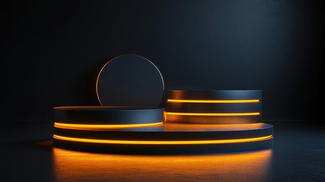Premium exhibition podium and platform on a dark backdrop featuring a neon glow for promotional purposes Display stand for products footwear and items suitable for magazines and presentations show
