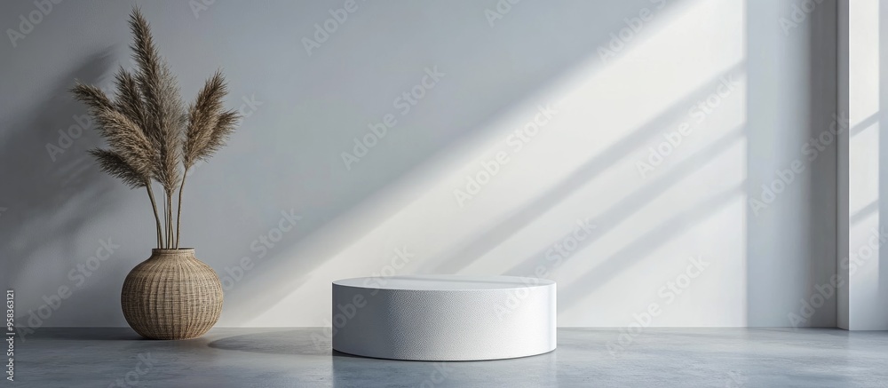 Poster white pedestal against a gray backdrop with ample space for your decorative elements