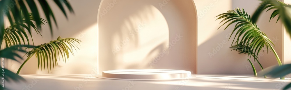 Poster Minimalist composition featuring a round podium arch and palm leaves 3D rendering
