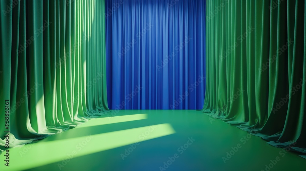 Poster Close up of a green stage in a blue studio environment 3D rendering