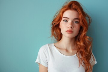 Fototapeta premium Beautiful redhead woman with freckles on blue background