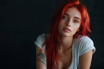 Naklejka premium Portrait of a young woman with red hair posing in front of a black background