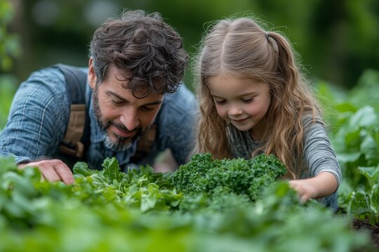 A sustainable living scene, featuring a family tending to their vegetable garden. Generative AI