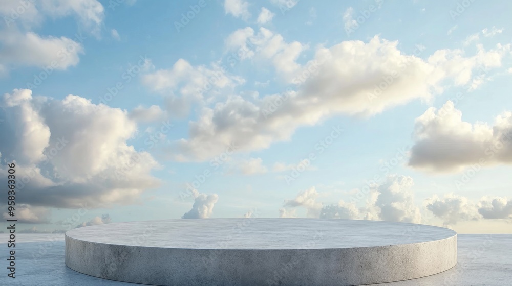 Poster Cement pedestal for product presentation Concrete platform under a blue sky with clouds Blank illuminated backdrop for your designs Bright day setting 3D rendering