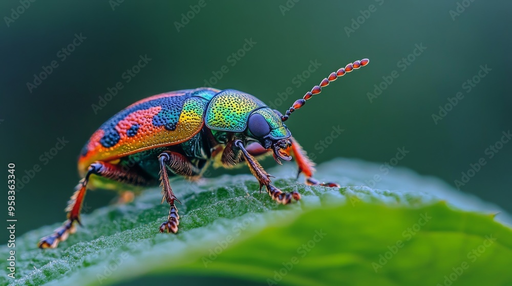 Poster A close-up of a colorful beetle crawling on a green leaf, with intricate details of its shell and the leaf's texture clearly visible, set against a blurred background.