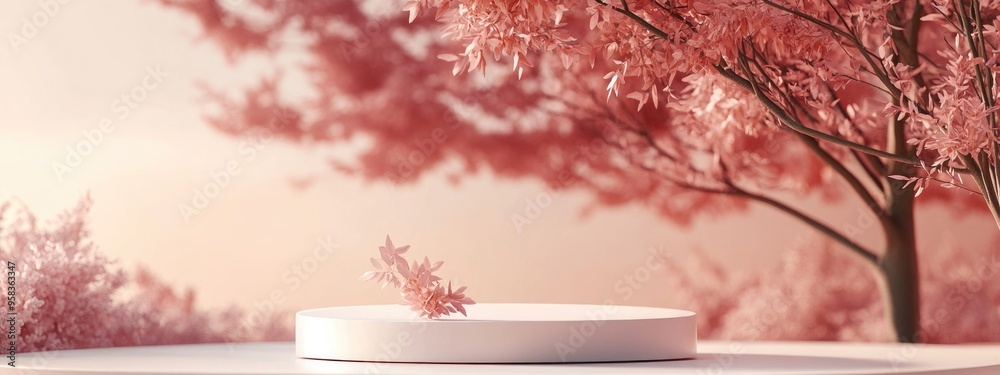 Poster Minimalist 3D podium set against a pink tree backdrop ideal for product showcasing Nature inspired environment featuring soft pastel hues and an unoccupied podium 3D rendering