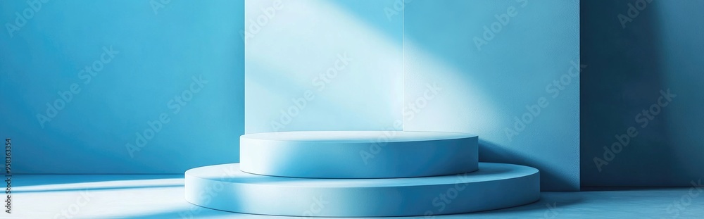 Poster Minimalist blue background featuring a stand or podium for product display with empty backdrops 3D rendering